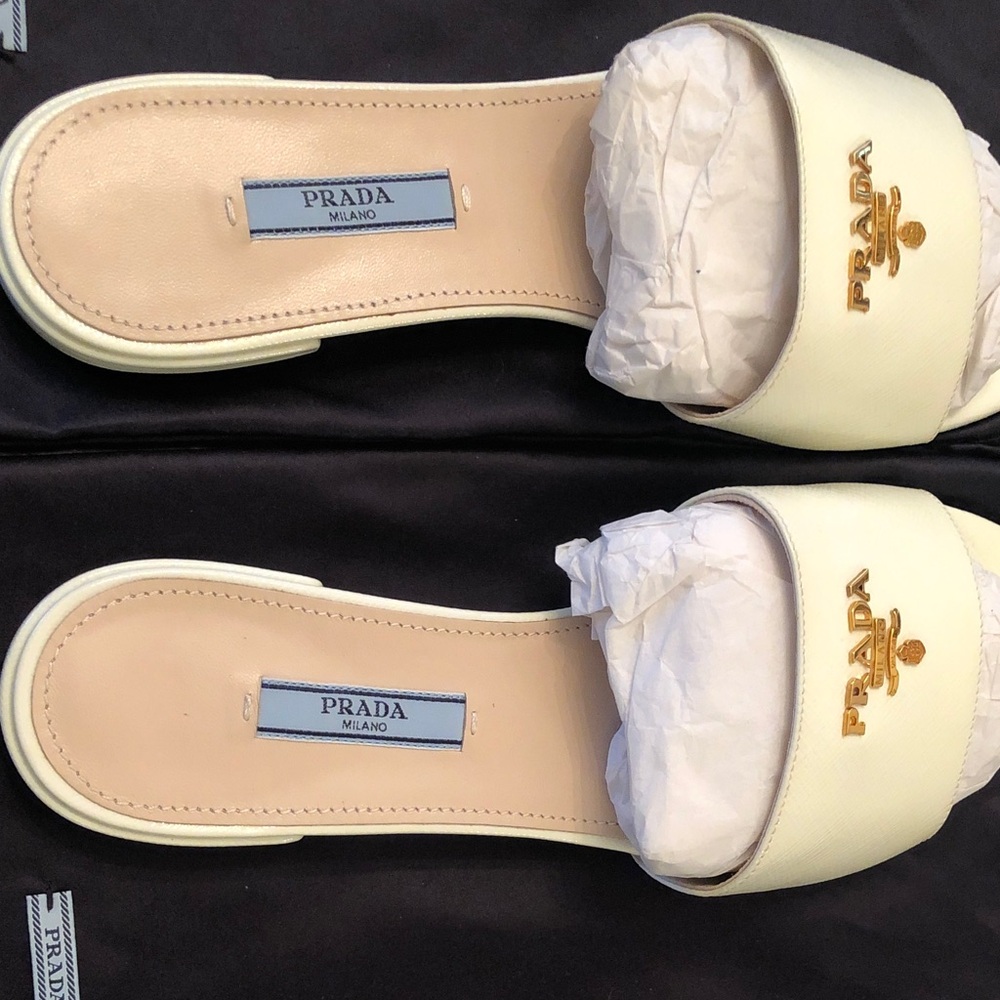 Prada Gold Logo Cream Sandals. New. - Picture 3 of 9